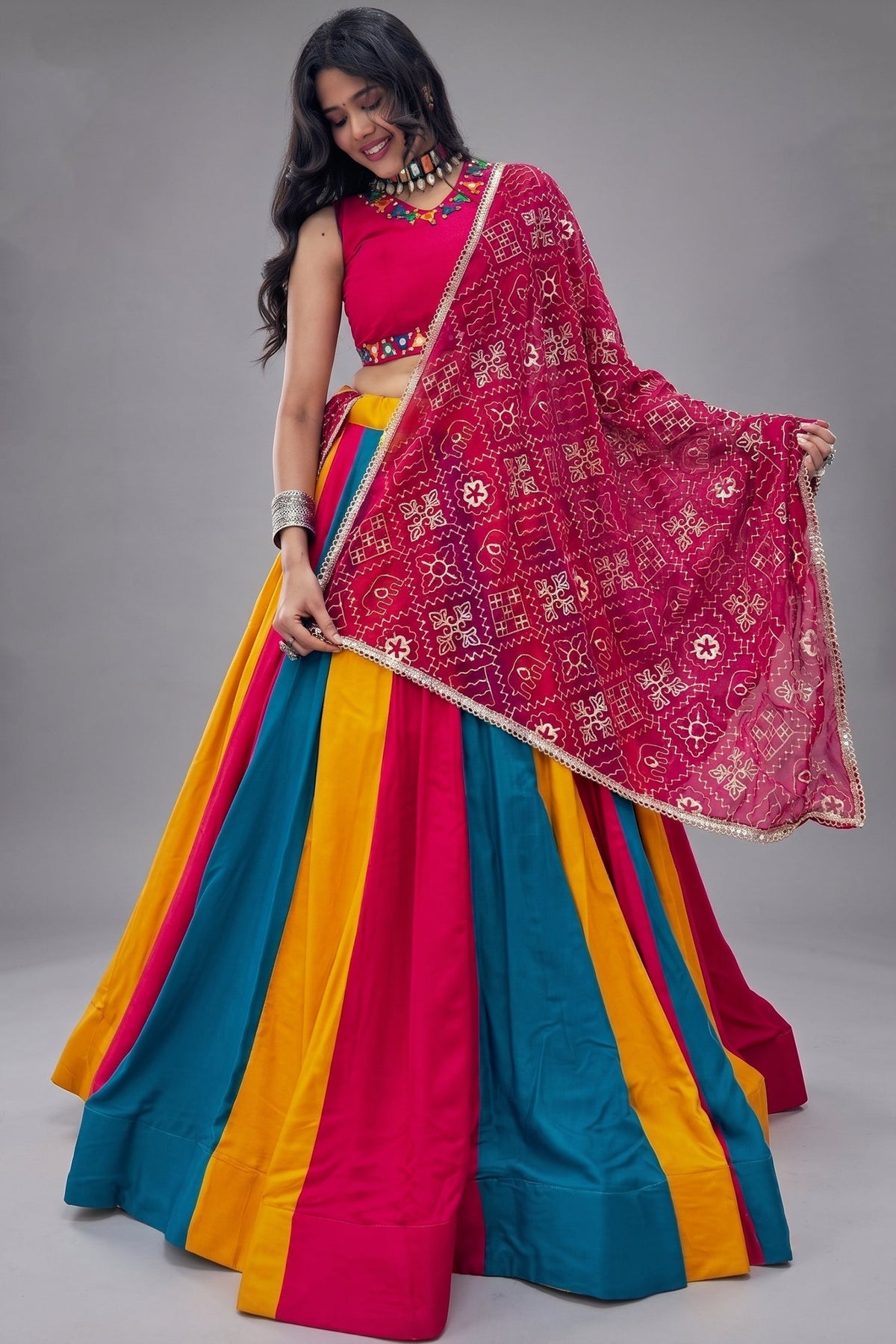 Multi Colored Cotton Mirror Worked Chaniya Choli