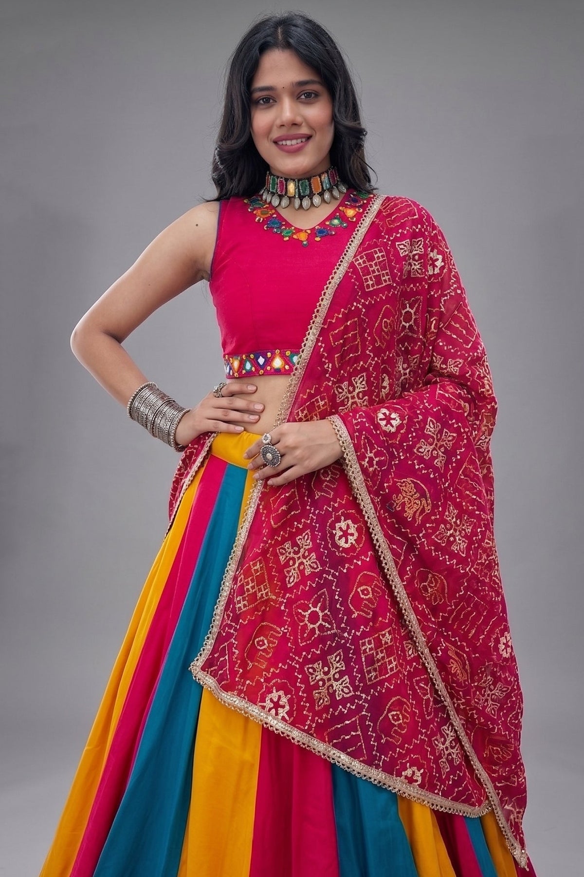 Multi Colored Cotton Mirror Worked Chaniya Choli