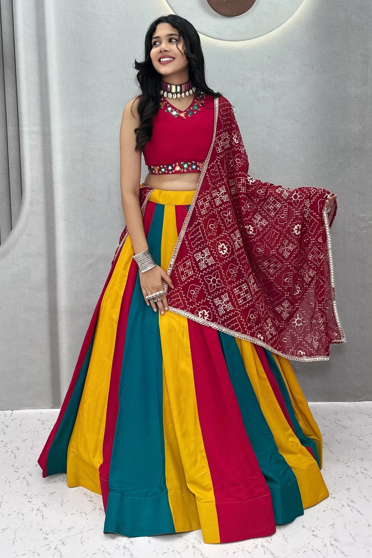 Multi Colored Cotton Mirror Worked Chaniya Choli