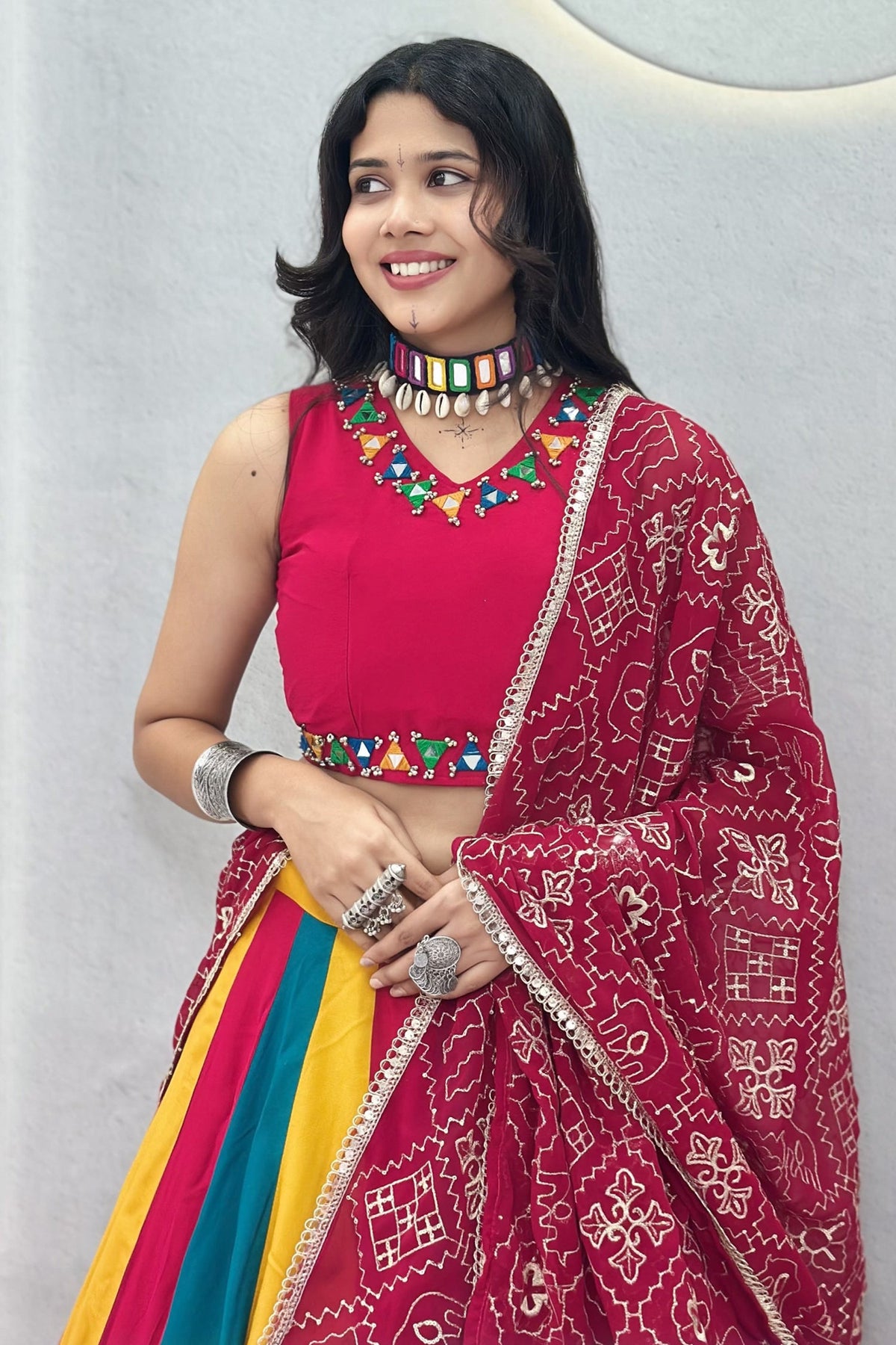Multi Colored Cotton Mirror Worked Chaniya Choli