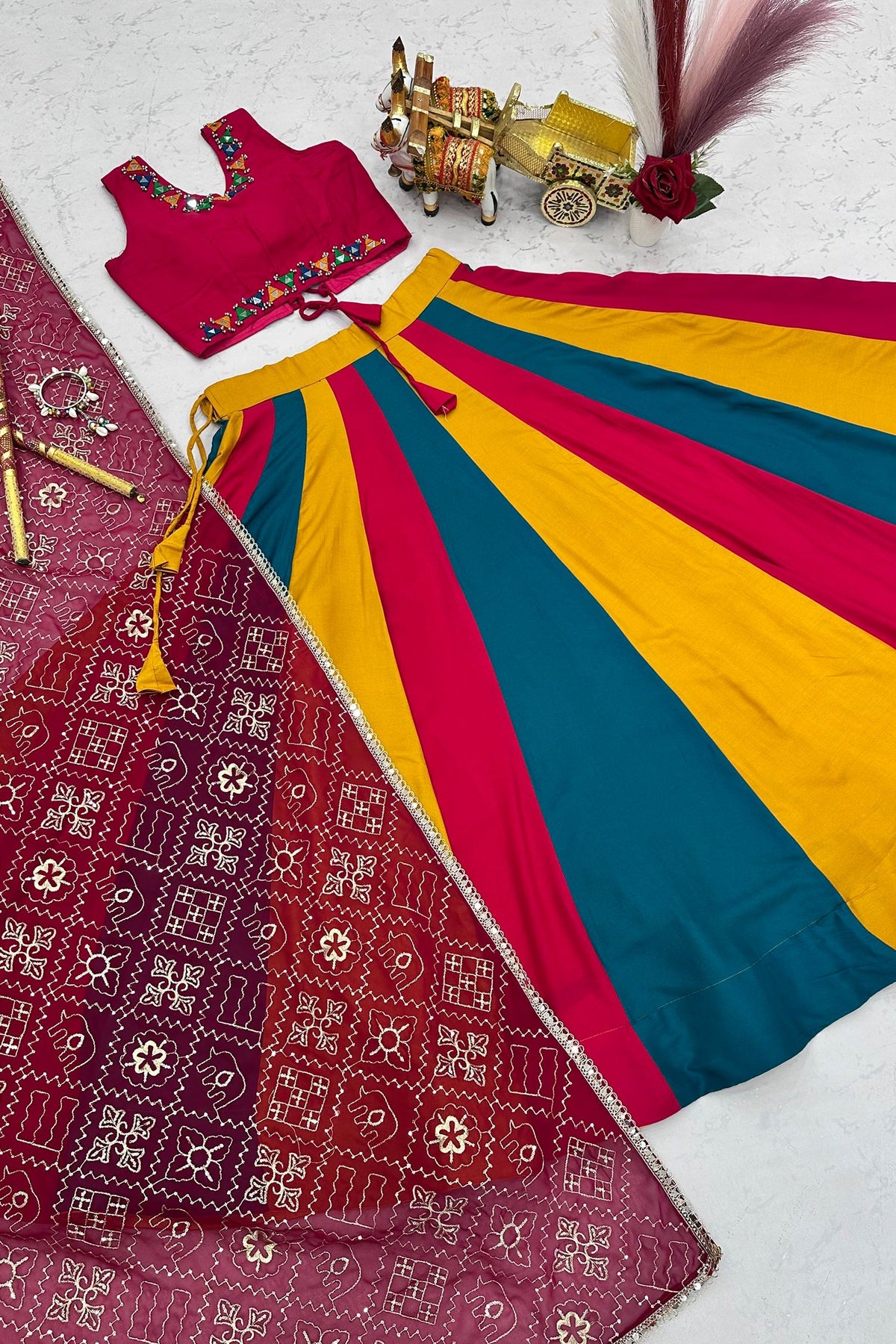 Multi Colored Cotton Mirror Worked Chaniya Choli