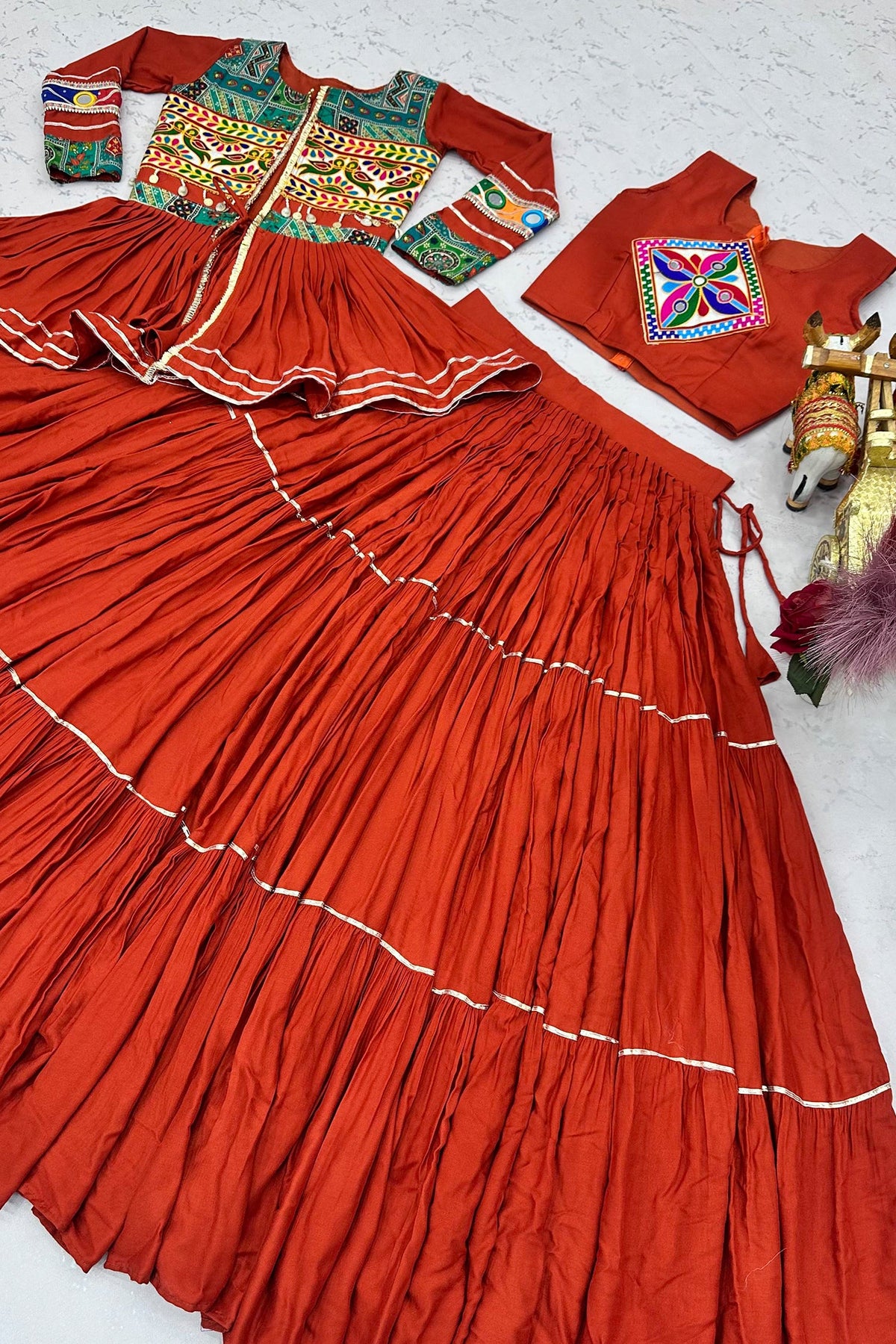 Red Cotton Kachchi Worked Peplum Chaniya Choli