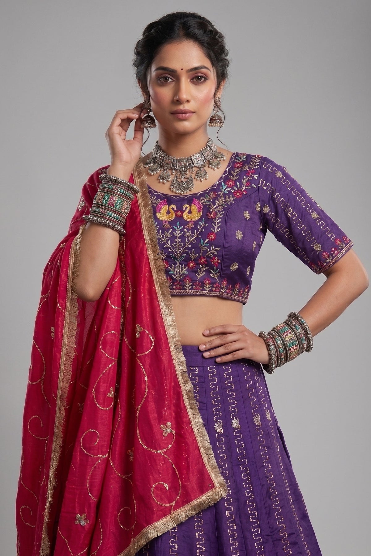 Purple Art Silk Embroidered Chaniya Choli