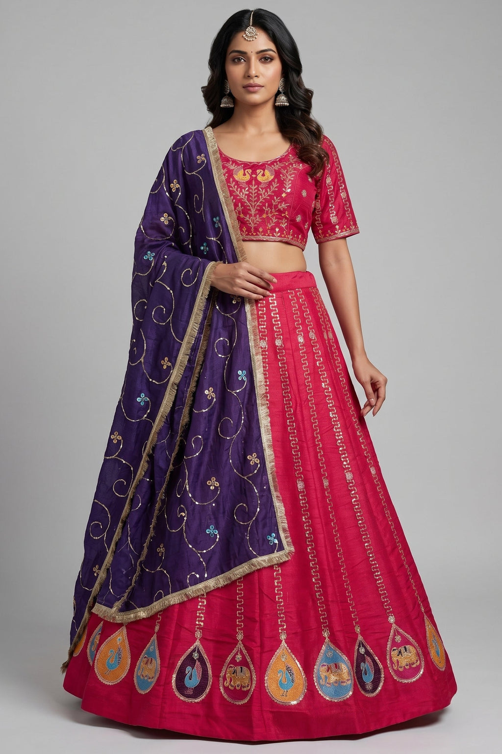 Pink Art Silk Embroidered Chaniya Choli
