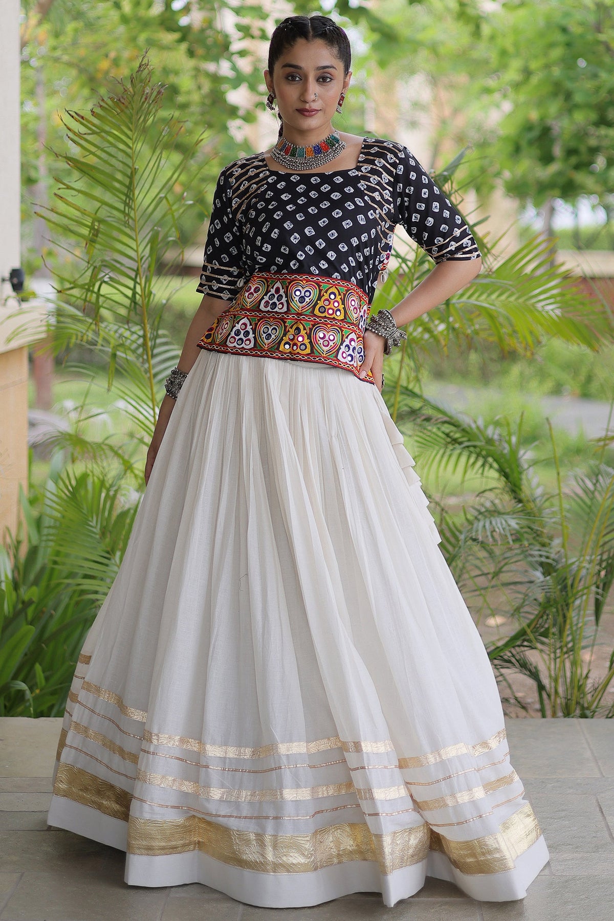 White Cotton Chaniya with Bandhej and Kachchi Worked Choli