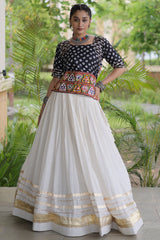 White Cotton Chaniya with Bandhej and Kachchi Worked Choli
