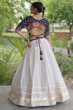 White Cotton Chaniya with Bandhej and Kachchi Worked Choli