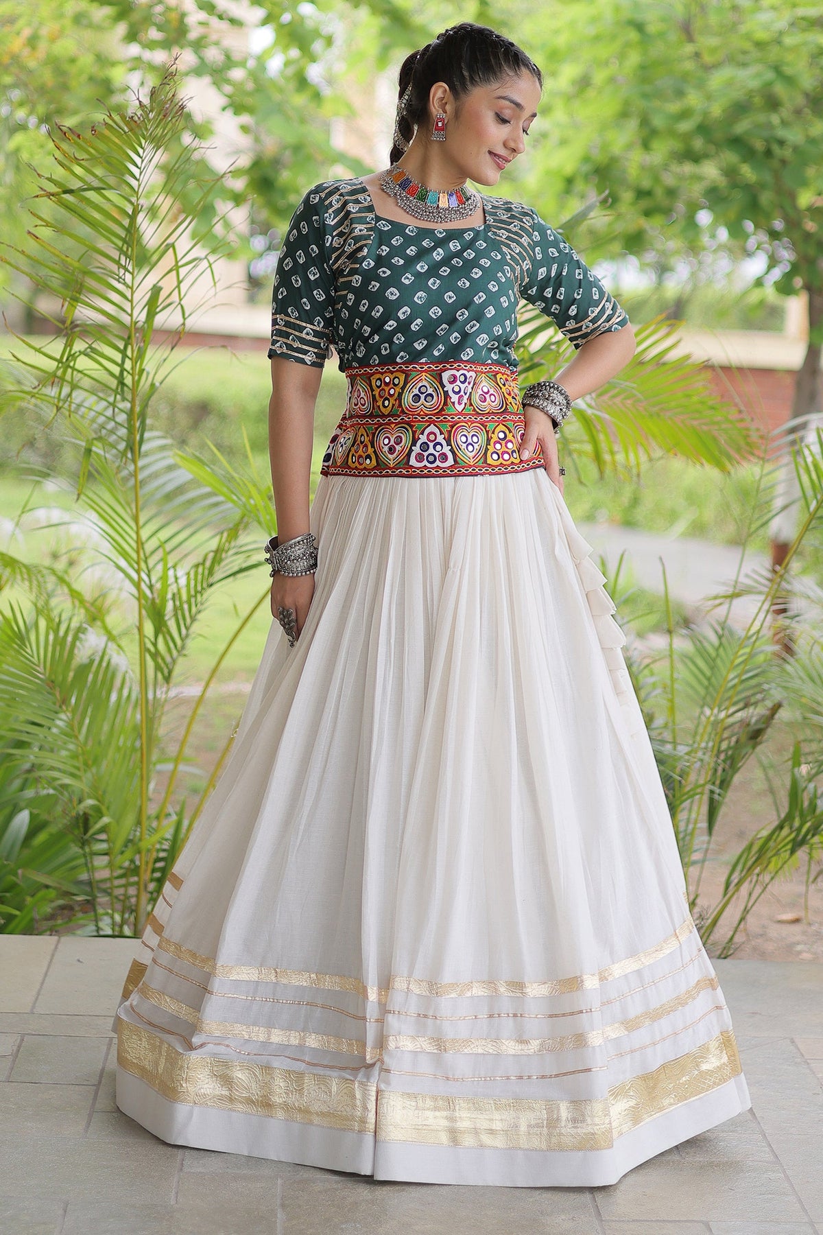 White Cotton Chaniya with Bandhej and Kachchi Worked Choli
