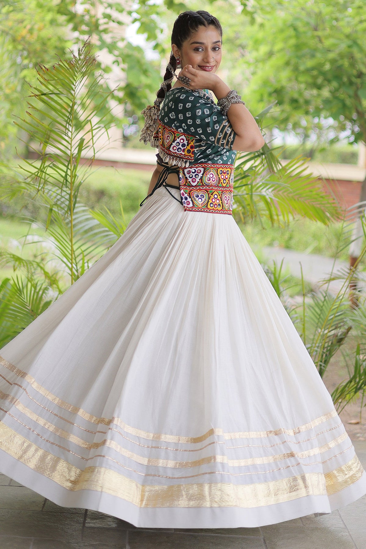White Cotton Chaniya with Bandhej and Kachchi Worked Choli