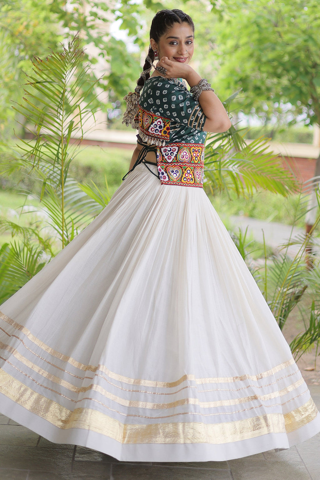 White Cotton Chaniya with Bandhej and Kachchi Worked Choli