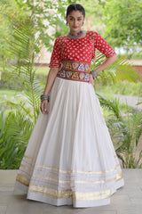 White Cotton Chaniya with Bandhej and Kachchi Worked Choli