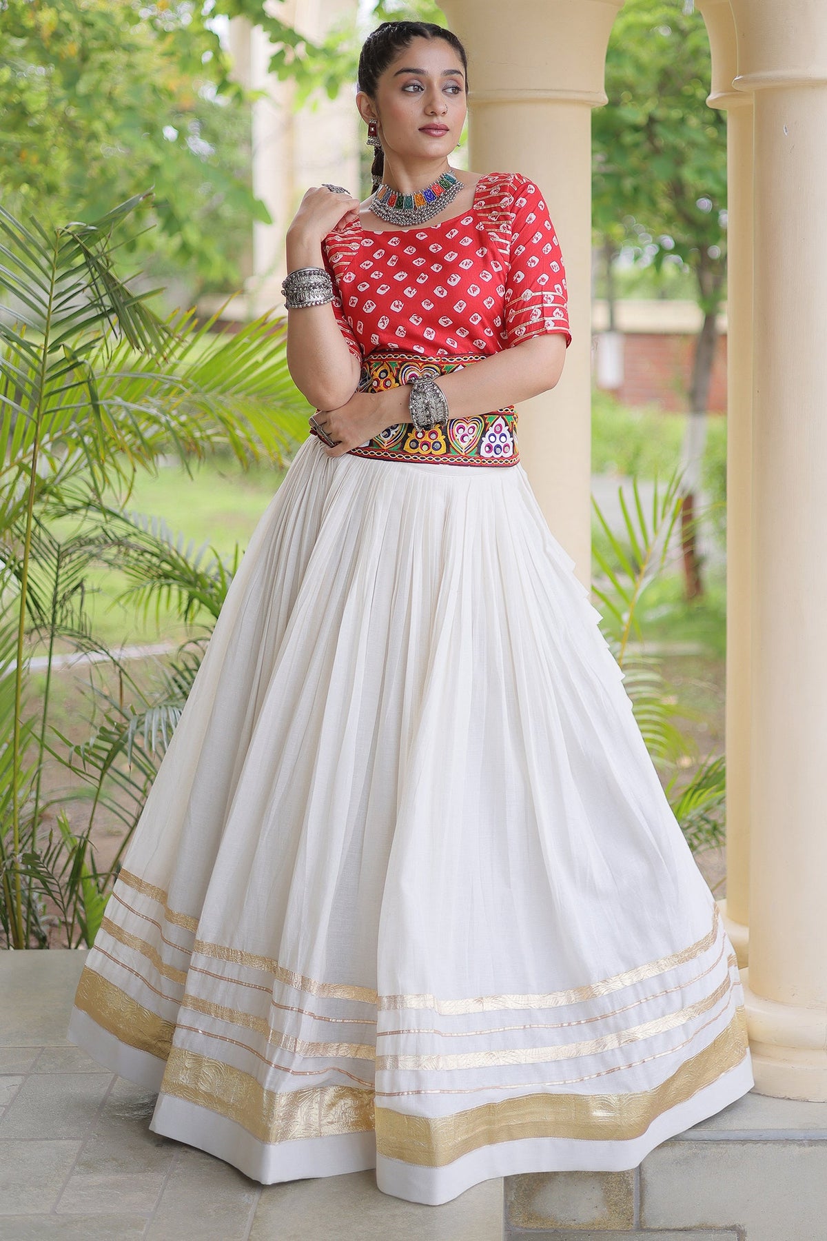 White Cotton Chaniya with Bandhej and Kachchi Worked Choli