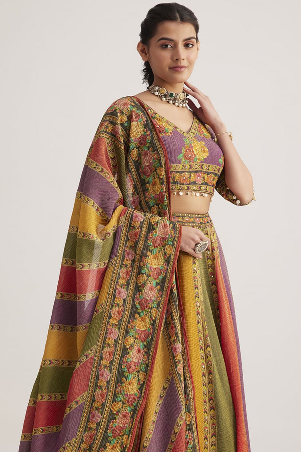 Multi Colored Organza Silk Printed Chaniya Choli