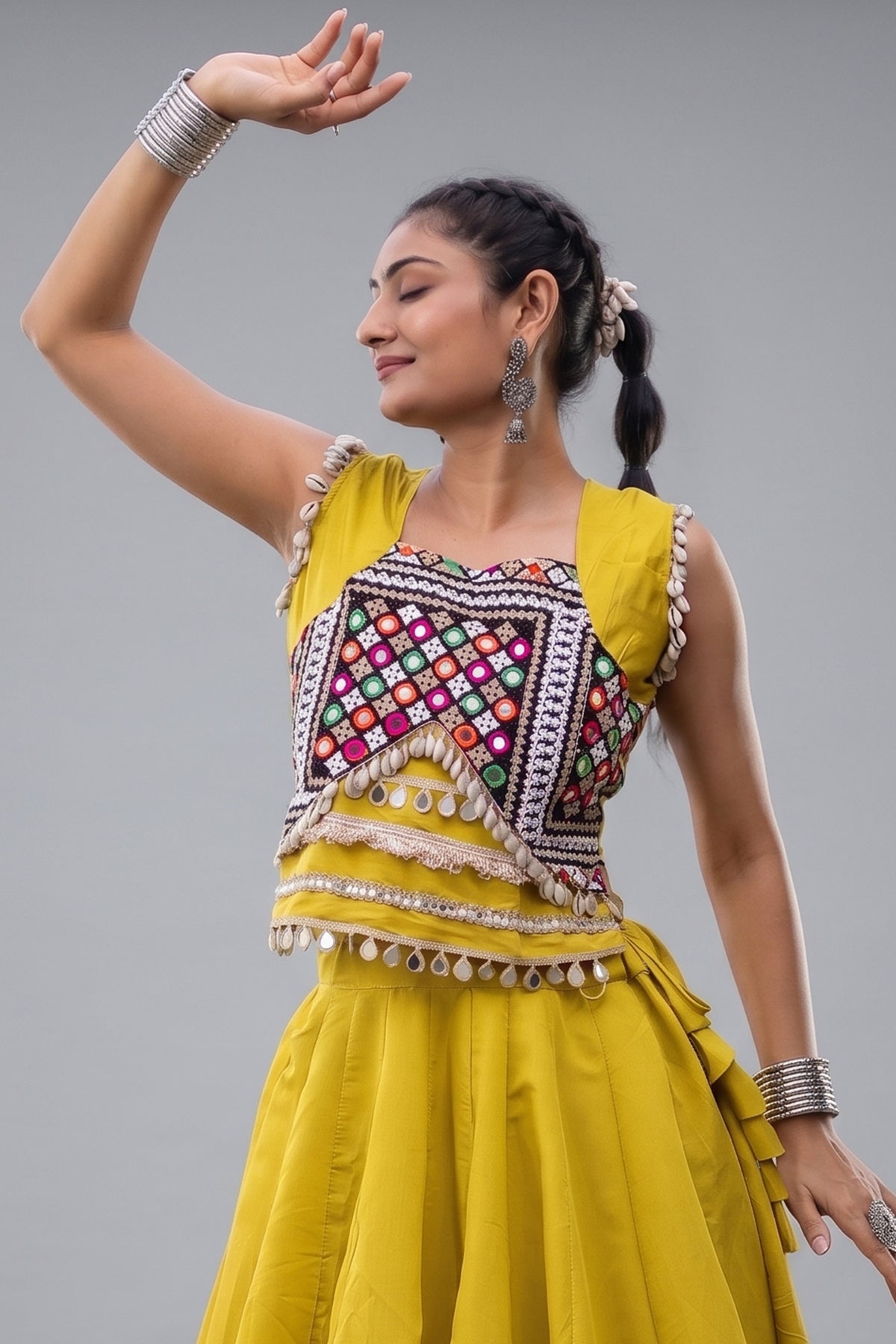 Parrot Green Art Silk Kachchi Mirror Worked Chaniya Choli