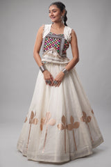 White Art Silk Kachchi Mirror Worked Chaniya Choli