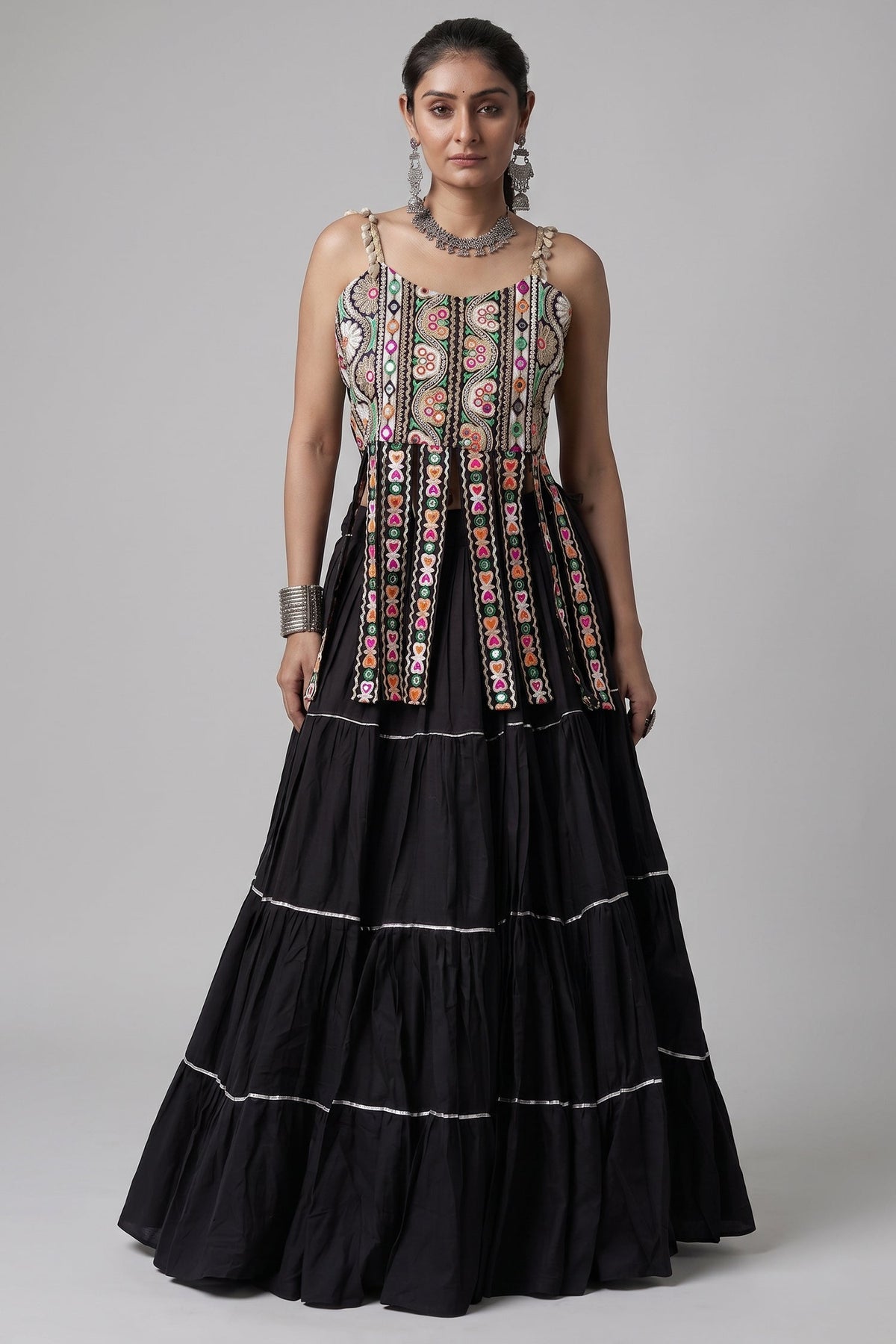 Black Art Silk Chaniya Choli with Kachchi Mirror Work