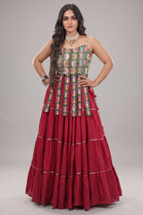 Maroon Art Silk Chaniya Choli with Kachchi Mirror Work