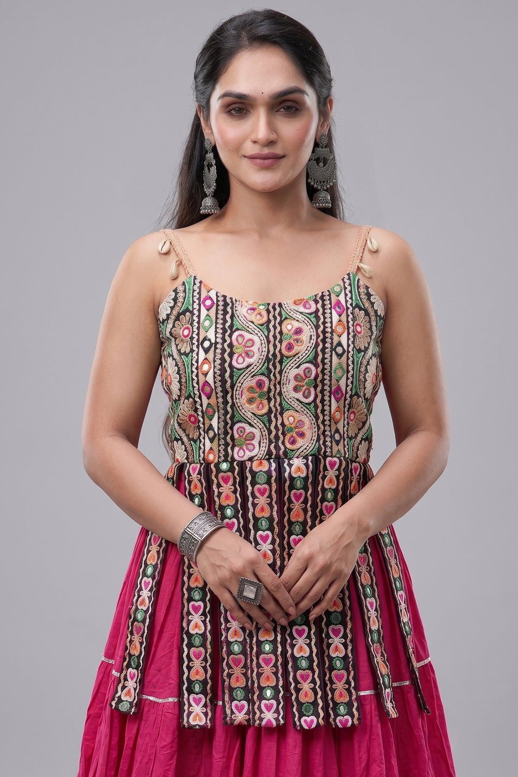 Pink Art Silk Chaniya Choli with Kachchi Mirror Work