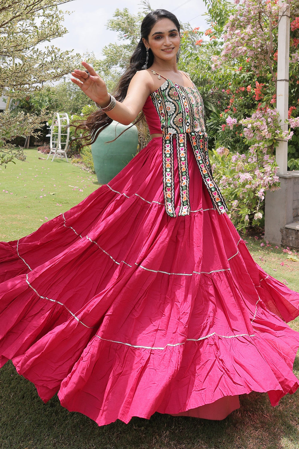 Pink Art Silk Chaniya Choli with Kachchi Mirror Work