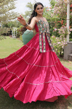 Pink Art Silk Chaniya Choli with Kachchi Mirror Work