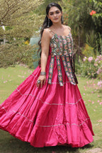 Pink Art Silk Chaniya Choli with Kachchi Mirror Work