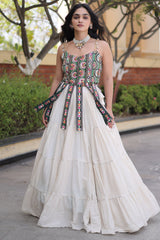 White Art Silk Chaniya Choli with Kachchi Mirror Work