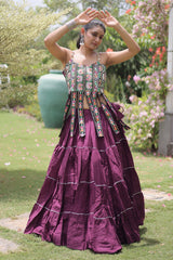 Purple Art Silk Chaniya Choli with Kachchi Mirror Work