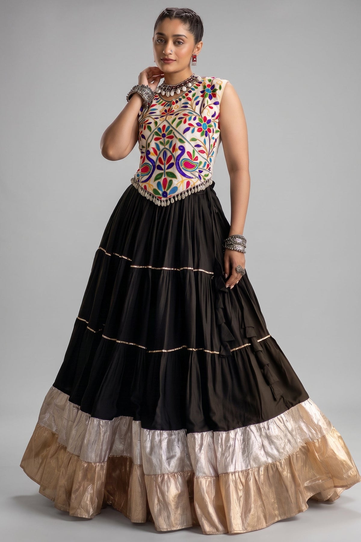 Black Cotton Kachchi Worked Flared Chaniya Choli