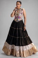 Black Cotton Kachchi Worked Flared Chaniya Choli