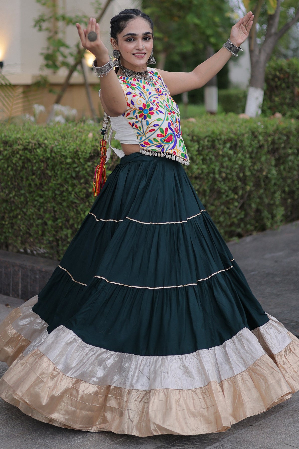 Green Cotton Kachchi Worked Flared Chaniya Choli