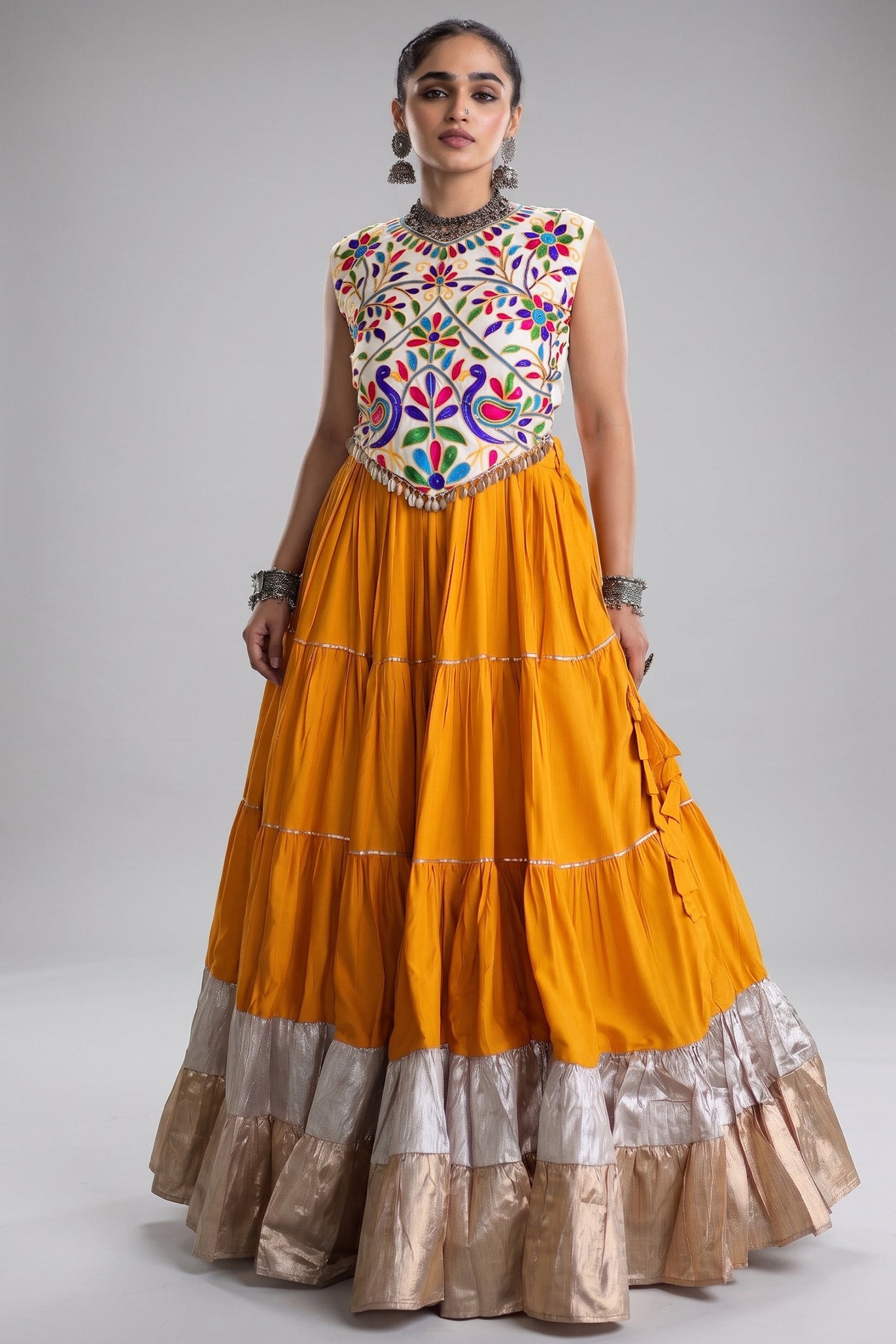 Mustard Cotton Kachchi Worked Flared Chaniya Choli from Asopalav