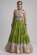 Green Cotton Kachchi Worked Flared Chaniya Choli