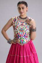 Pink Cotton Kachchi Worked Flared Chaniya Choli