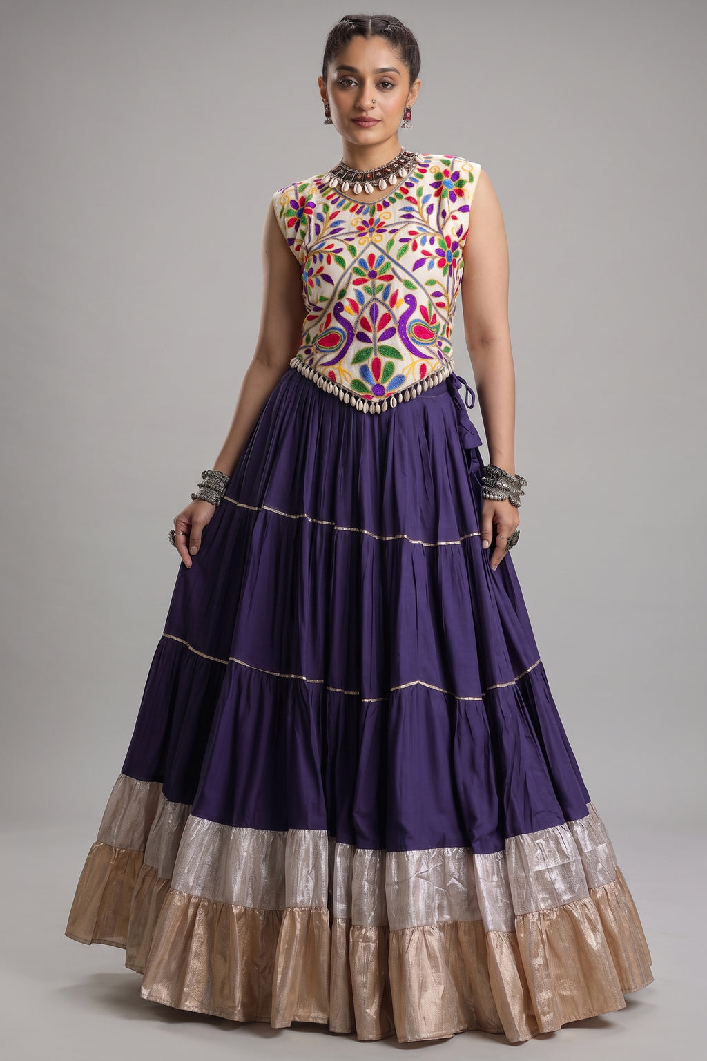 Purple Cotton Kachchi Worked Flared Chaniya Choli