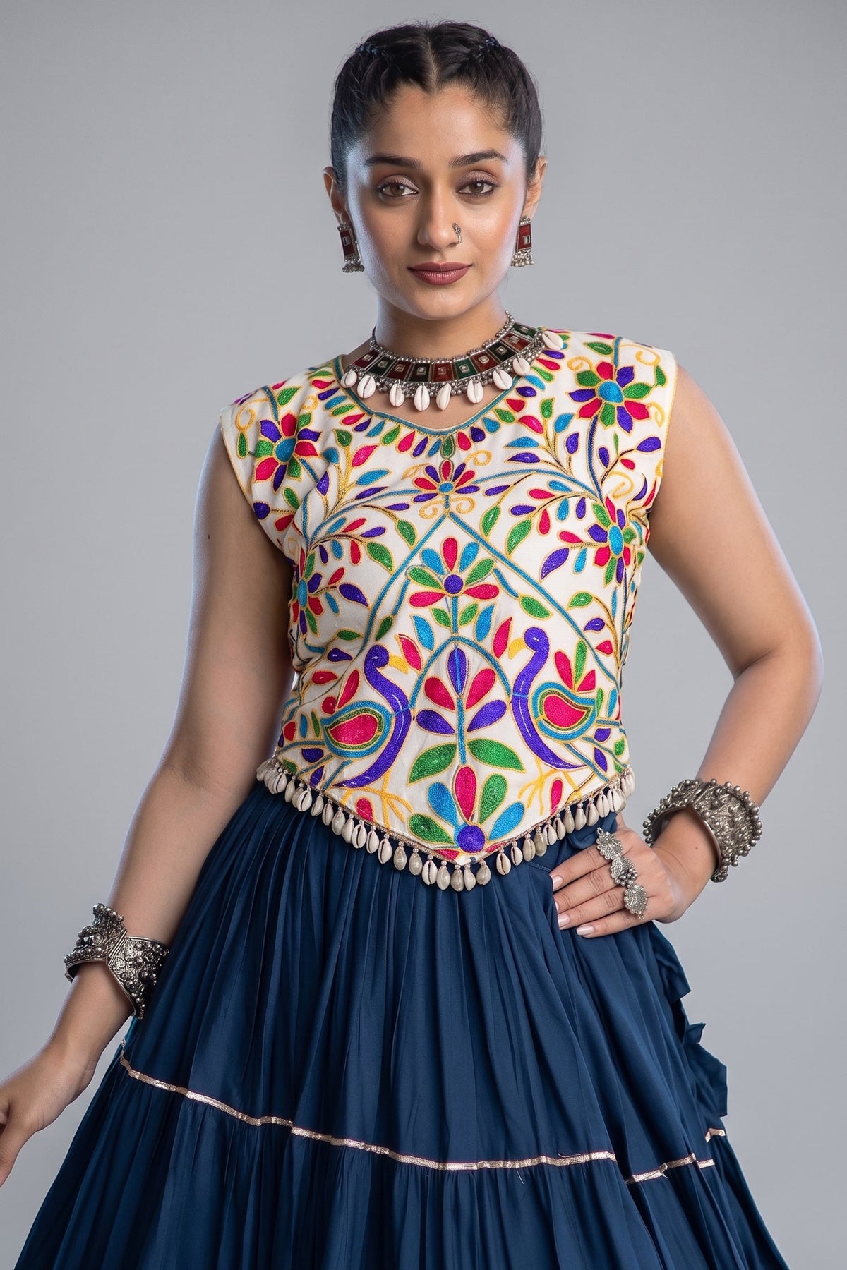 Blue Cotton Kachchi Worked Flared Chaniya Choli