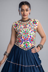 Blue Cotton Kachchi Worked Flared Chaniya Choli