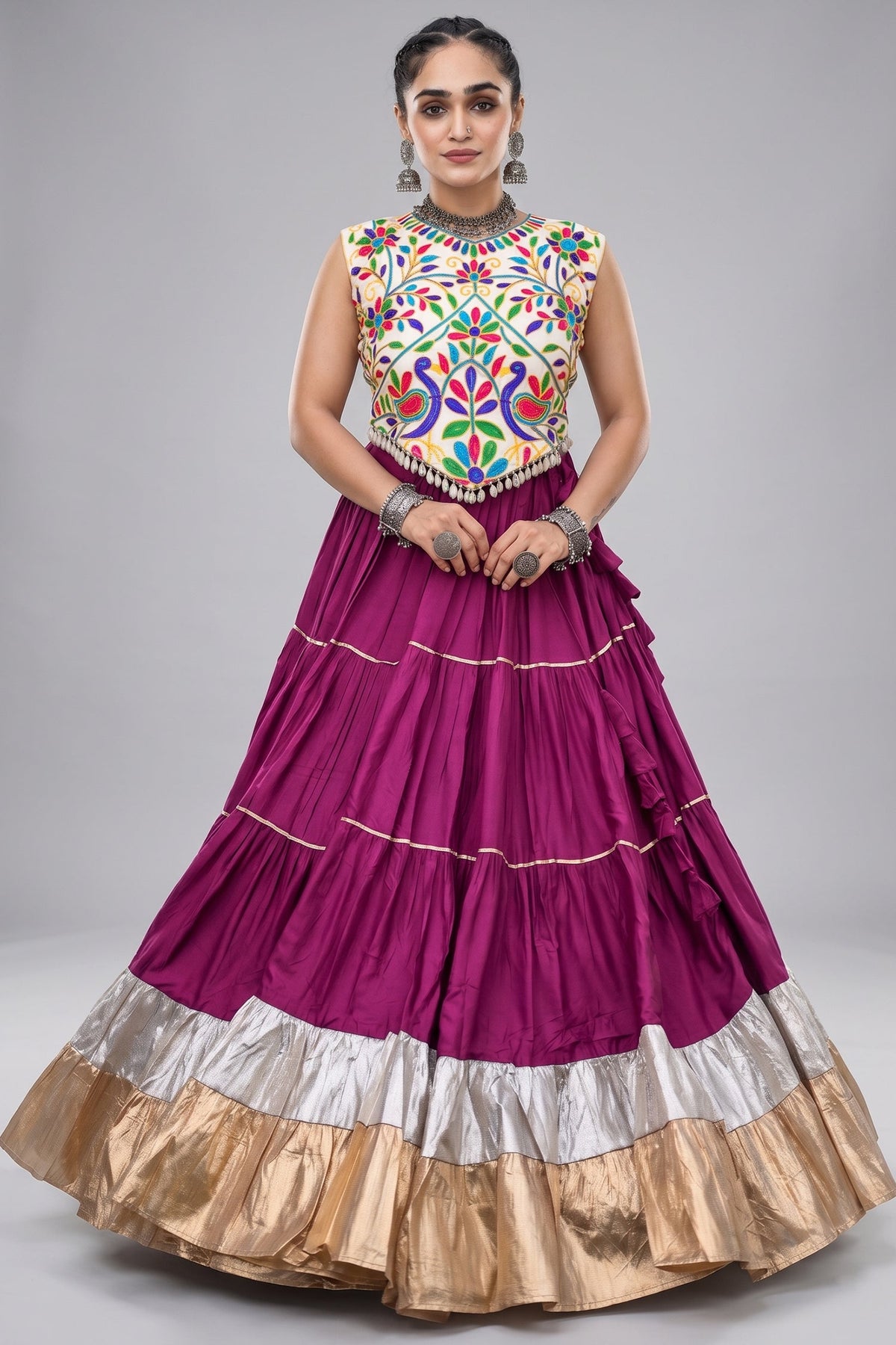 Purple Cotton Kachchi Worked Flared Chaniya Choli