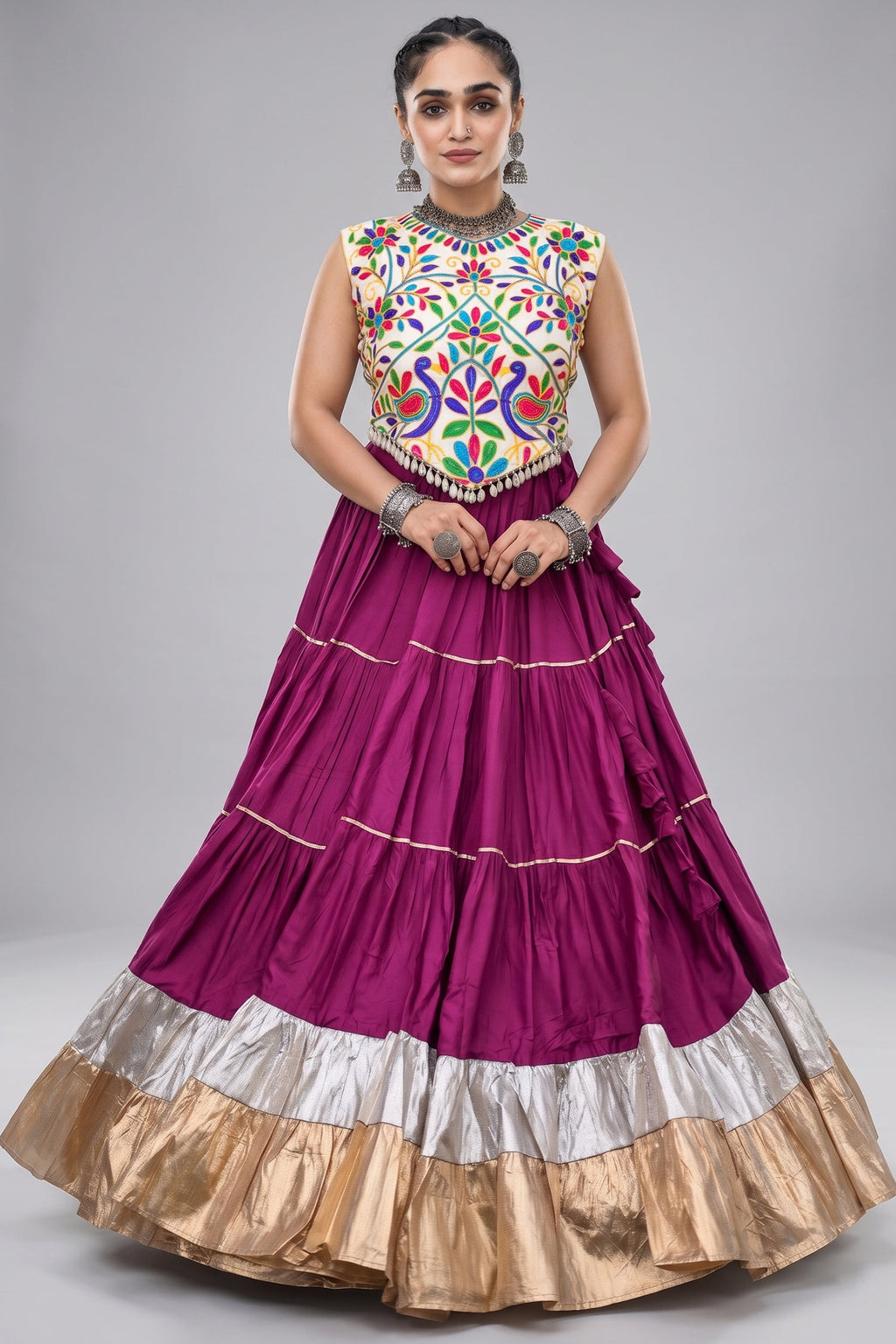 Purple Cotton Kachchi Worked Flared Chaniya Choli