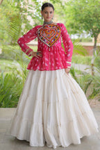 Pearl White Cotton Flared Peplum Chaniya Choli with Kachchi Work