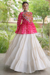 Pearl White Cotton Flared Peplum Chaniya Choli with Kachchi Work