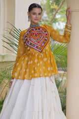 Pearl White Cotton Flared Peplum Chaniya Choli with Kachchi Work