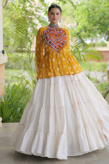 Pearl White Cotton Flared Peplum Chaniya Choli with Kachchi Work