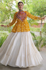 Pearl White Cotton Flared Peplum Chaniya Choli with Kachchi Work
