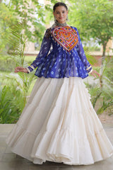 Pearl White Cotton Flared Peplum Chaniya Choli with Kachchi Work