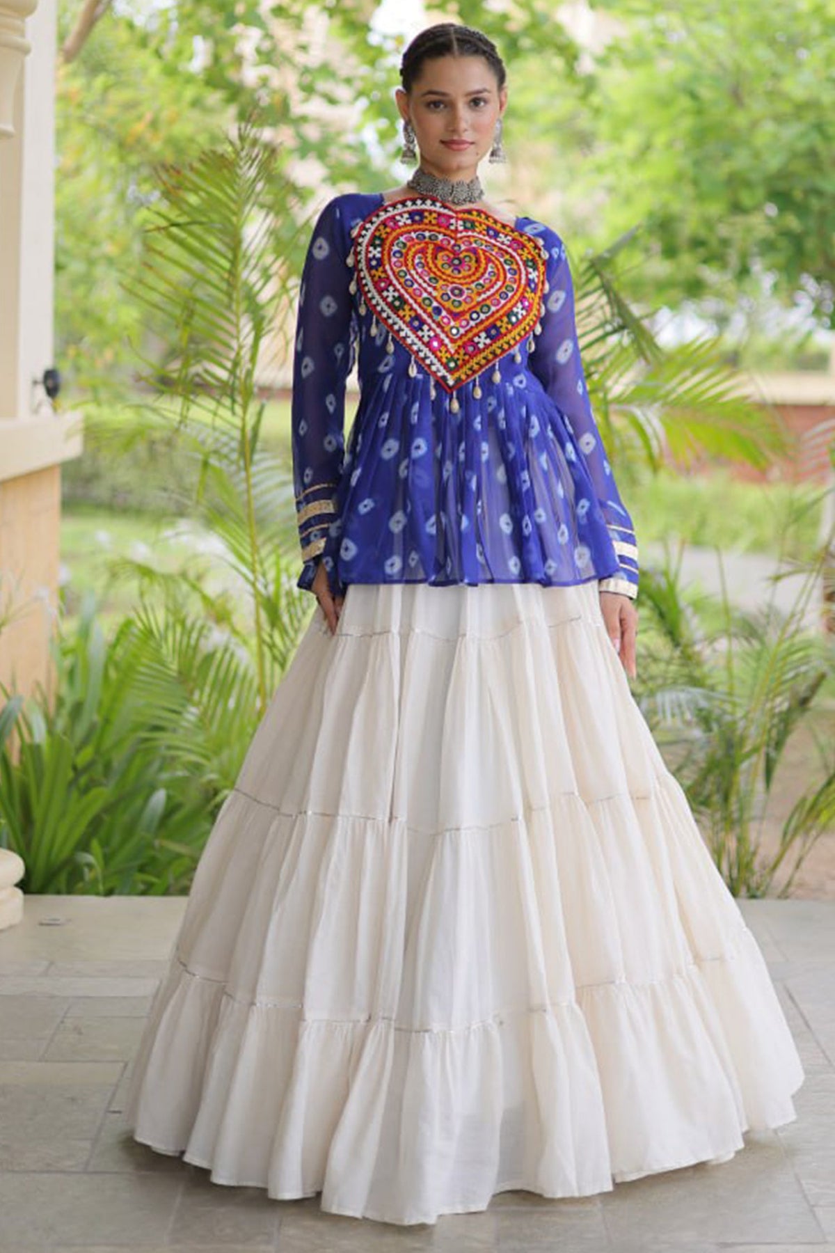 Pearl White Cotton Flared Peplum Chaniya Choli with Kachchi Work