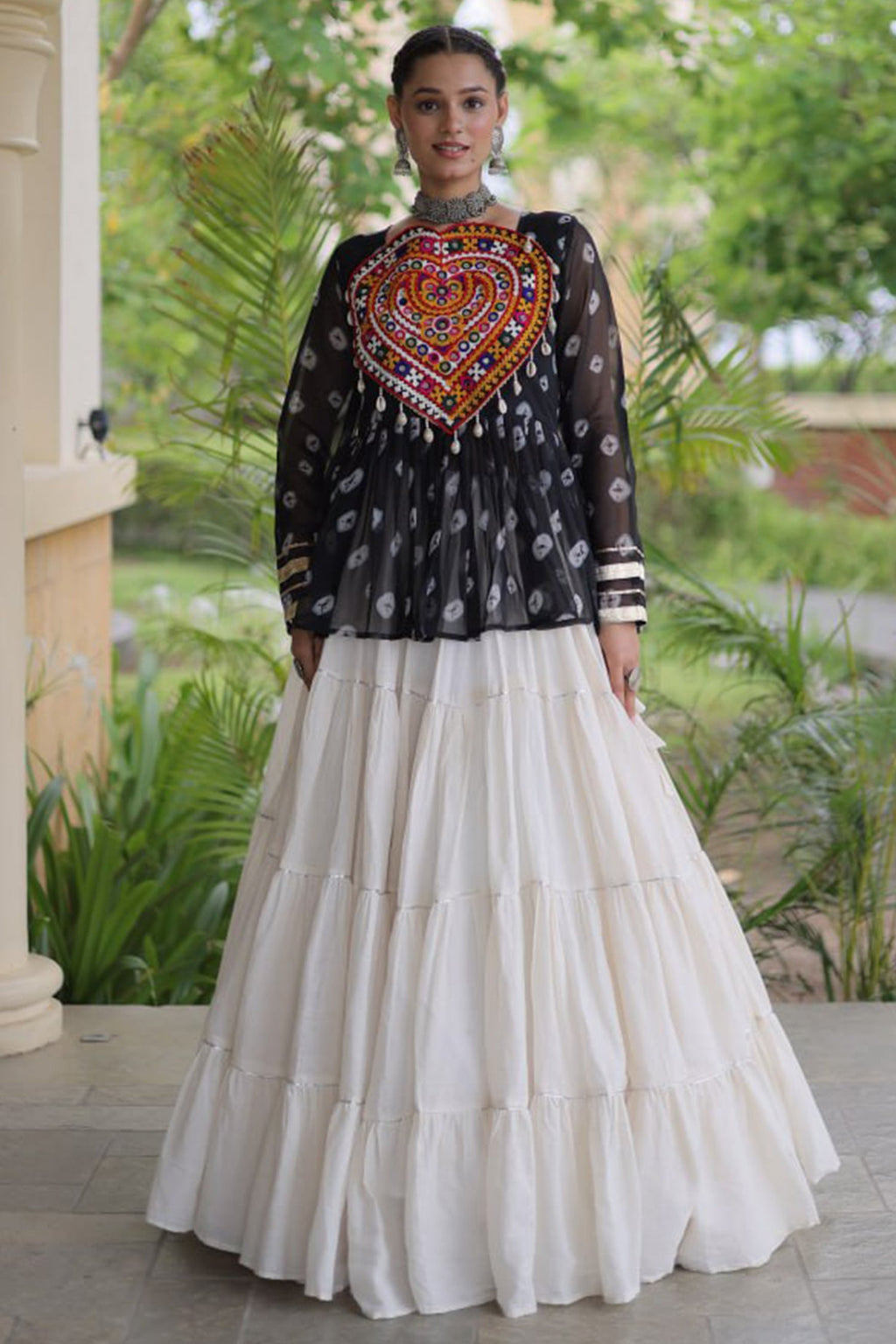 Pearl White Cotton Flared Peplum Chaniya Choli with Kachchi Work
