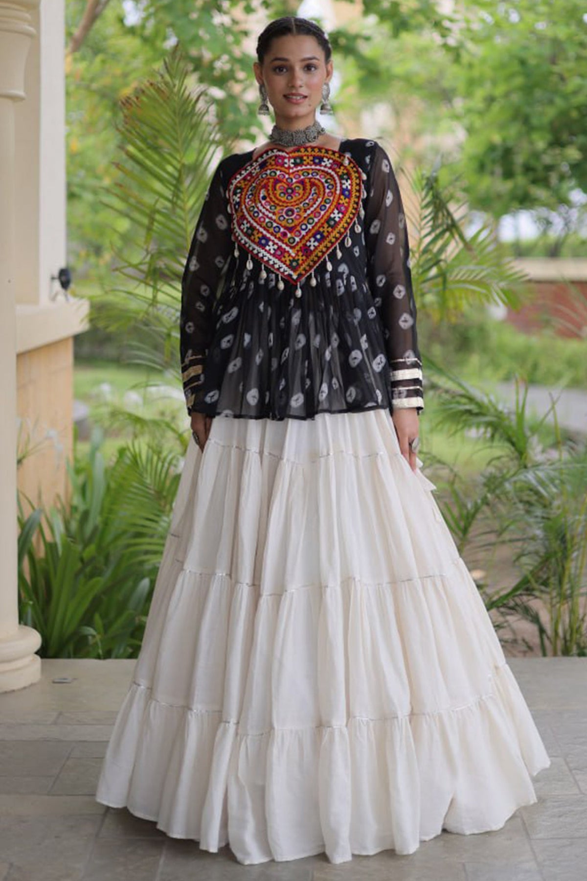 Pearl White Cotton Flared Peplum Chaniya Choli with Kachchi Work