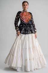 Pearl White Cotton Flared Peplum Chaniya Choli with Kachchi Work