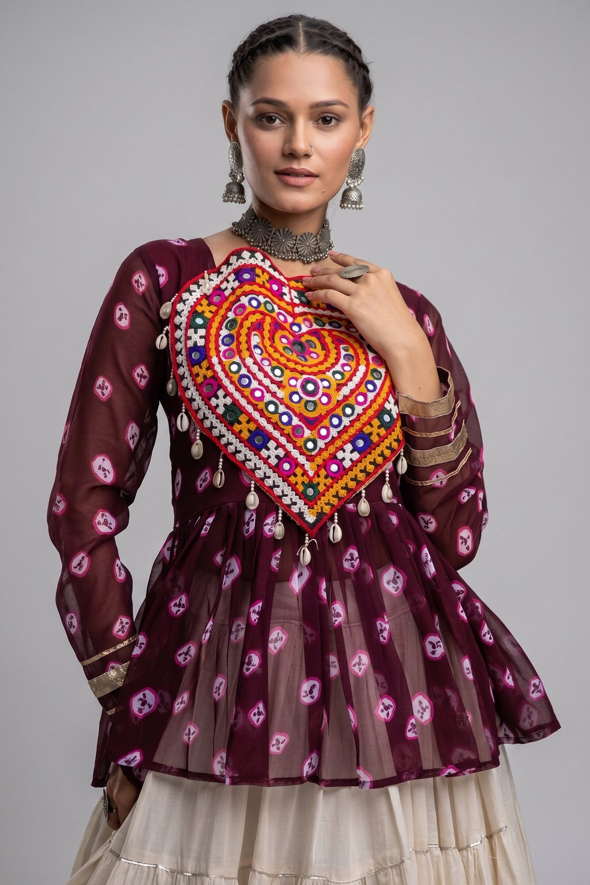 Pearl White Cotton Flared Peplum Chaniya Choli with Kachchi Work