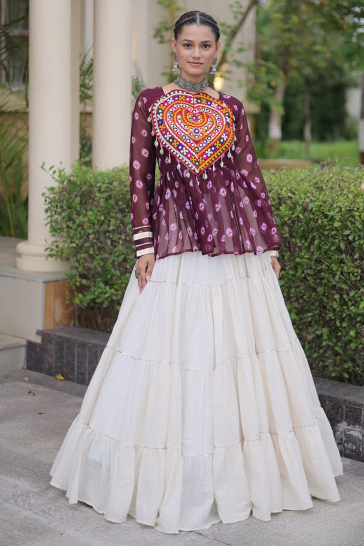 Pearl White Cotton Flared Peplum Chaniya Choli with Kachchi Work